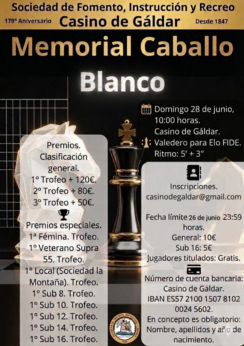 El Casino de Gáldar celebra el “Memorial Caballo Blanco” de ajedrez el próximo 28 de junio