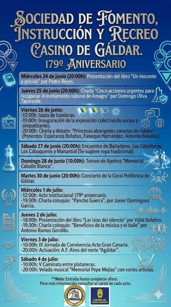 El Casino de Gáldar celebra su 179º Aniversario con un amplio programa cultural, social y deportivo