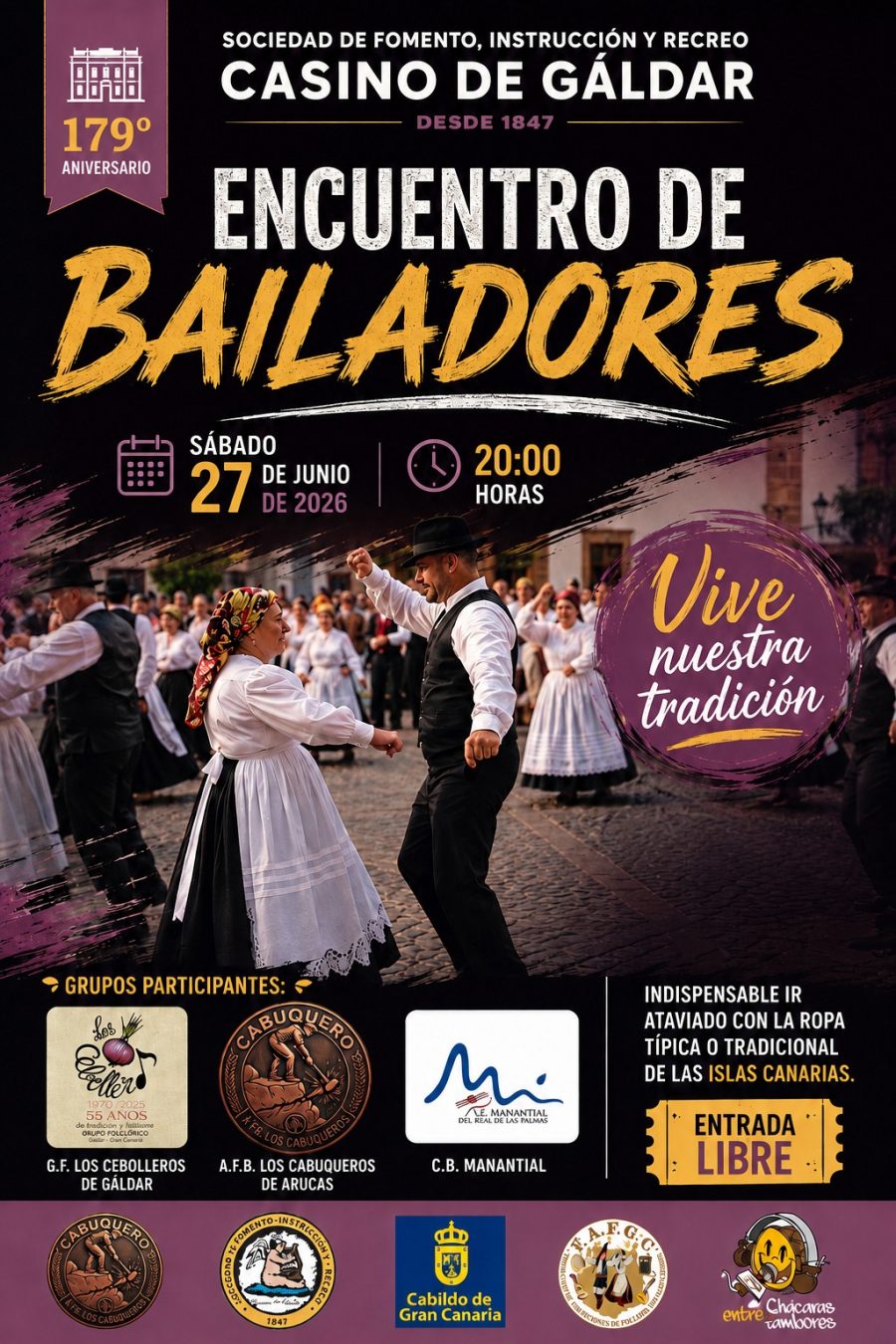Los Cabuqueros organizan un gran Encuentro de Bailadores en el Casino de Gáldar el próximo 27 de junio de 2026